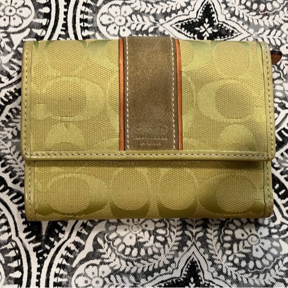 Coach signature fabric, suede, and vachetta leather wallet lime/avocado green